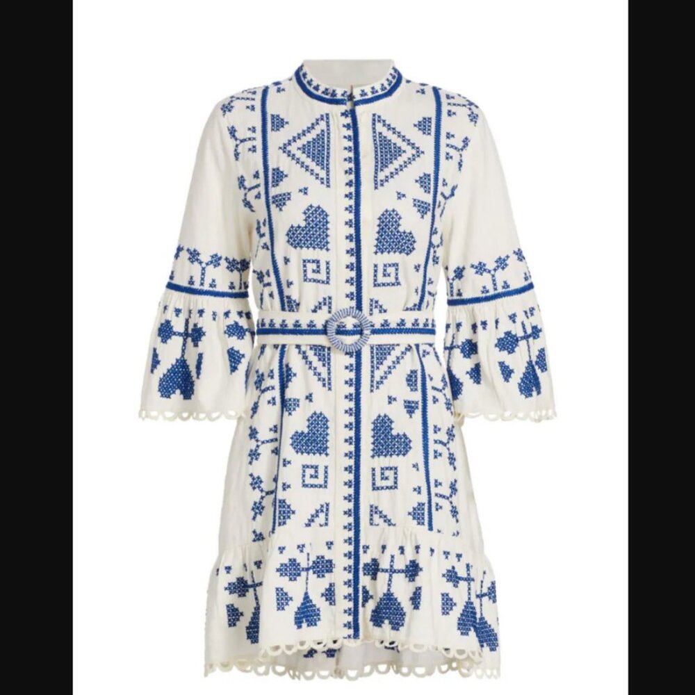 Farm Rio Women's Cross-Stitch Belted Minidress - Off White size medium